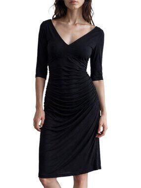 M Rachel Roy Black Ruched Bodycon Midi Dress Deep V Stretch